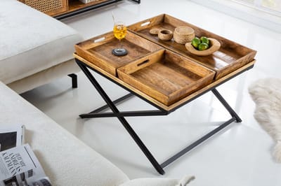 Massieve salontafel FINCA 80cm mangohout incl. 3 uitneembare dienbladen