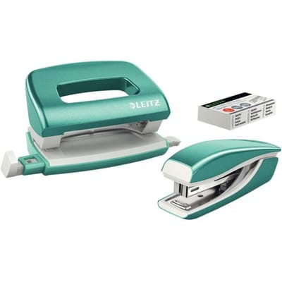 Leitz WOW Metalen Mini Nietmachine En Perforator Set - Inclusief Nietjes - IJsblauw Metallic - Ideaal Voor Thuiskantoor/Thuiswerkplek