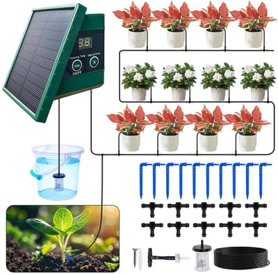 Irrigatiesysteem op zonne-energie, voor tuin, balkon, automatische irrigatie voor planten, potplanten, gazon, timer, irrigatie met 10 m druppelslang, broeikas, accessoires