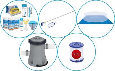 WAYS - Zwembad Accessoirepakket 5-delig - WAYS Onderhoudspakket & Filterpomp (58381) & Zwembad filters Type I & Onderhoudsset & Grondzeil