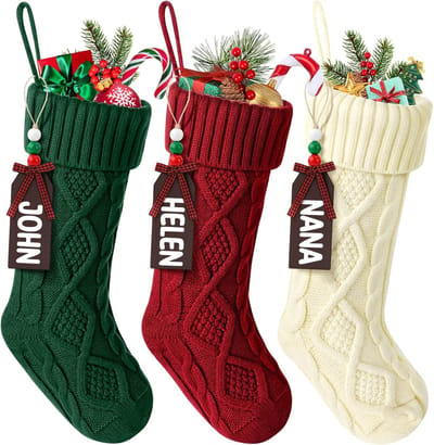 Kerstkousen - Gepersonaliseerde kerstkousen - Feestdecoraties - 3 paar extra grote kabelgebreide kousen - Met naamlabels, perfect voor kerstvakantiedecoraties