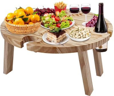 OmGoods - Dailygoody - Opvouwbare Houten Picknicktafel - Ideaal voor Picknicks - Compact en Lichtgewicht - Perfect voor Kamperen - Inclusief Wijnglashouder - Ge...
