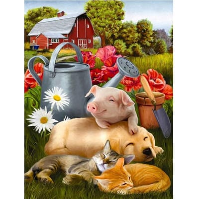 Peinture au Diamant Broderie Diamant Artisanat Peinture Animal Dormant Cochon et Chien Fleur Art Mural 20X30CM