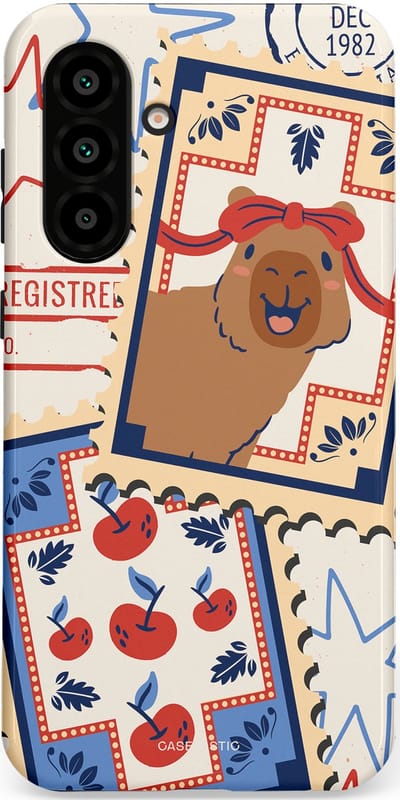 Casetastic hoesje geschikt voor Samsung Galaxy A36 / Samsung Galaxy A56 - Dubbellaagse bescherming - Kerst Capibara Post van de Noordpool - Fashion Case - Lichtgrijs Zand Terracotta