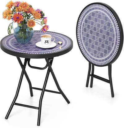 Inklapbare Metalen Bijzettafel met Rond Gehard Glas voor Tuin en Balkon
