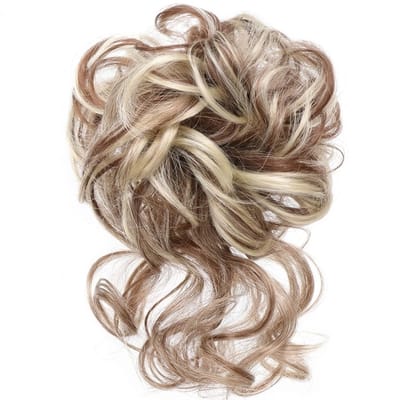 Lichtbruine haar scrunchie met blonde highlights – synthetische haarstuk knot – elastische haar bun extension – natuurlijk ogende opsteek haar accessoire voor dames