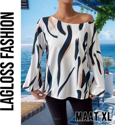 LaGloss® Dames Blouse – Blauw-Wit Abstracte Print – Lange Mouwen – Ronde Hals – Modieuze Elegante Voorjaars- & Herfsttop – Maat XL