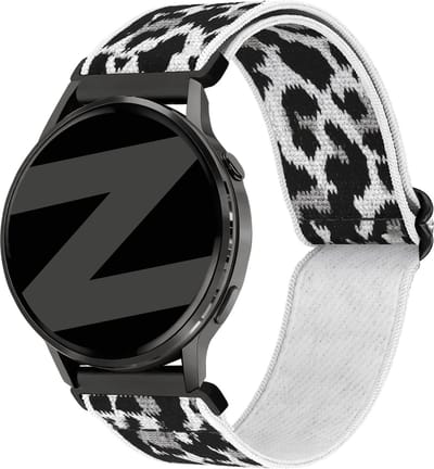 Bandz Elastisch Nylon bandje geschikt voor Samsung Galaxy Watch 7 (40/44mm) / Galaxy Watch 6 (Classic) / Watch 5 (Pro) / Watch 4 / Watch 3 / Watch FE / Polar Ignite 3-2 / Pacer / Unite / Huawei GT3 - GT2 / Amazfit GTS 4-3-2 (Witte luipaard)