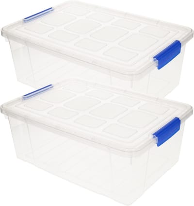 Plasticforte Opbergbox met deksel - 2x stuks - 9 liter - transparant/blauw - kunststof - opbergkist
