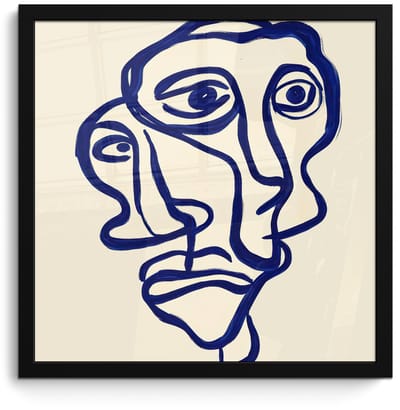 Poster in lijst - Fotolijst 40x40 cm - Posters - Lijntekening - Overlappende gezichten - Donkerblauw - Posterlijst zwart - Decoratie - Wanddecoratie woonkamer - Muurdecoratie slaapkamer