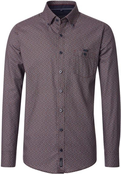 CASA MODA Sport casual fit overhemd - twill - bruin met donkerrood en blauw dessin - Strijkvriendelijk - Boordmaat: 45 - 46