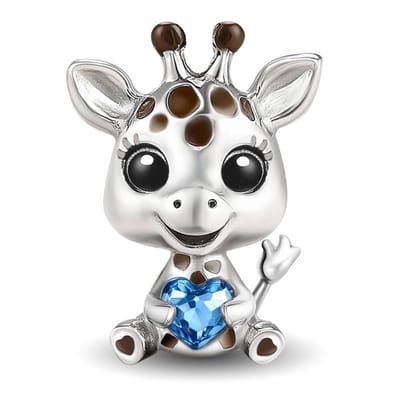 Fler® | Bedel | Past op populaire bedel armbanden (standaard-3mm) | armbandbedel | Baby Giraffe Bedel | Hangbedel Charm Giraf met Hartje | 925 sterling zilver | Blauwe zirkonia | Bruine & Zwarte emaille | Valentijnsdag Cadeau | Sinterklaas kado