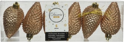 Decoris Kersthangers dennenappels - 6x - toffee bruin - glitter - 8 cm - kunststof - kerstversiering