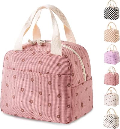 Leuke lunchtas - Unisex - Corduroy materiaal - Herbruikbaar - Lunchtas - Geïsoleerde lunchtas met grote capaciteit - Koelbox - Geschikt voor werk, reizen, picknicks en buitenactiviteiten - Roze bloemenpatroon