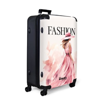 NoBoringSuitcases.com® - Koffer groot - Reiskoffer lichtgewicht - Crèmekleur met zwierige jurk en zwarte quote 'fashion' - Rolkoffer met 4 wielen - Grote trolley XL - 98 liter bagage