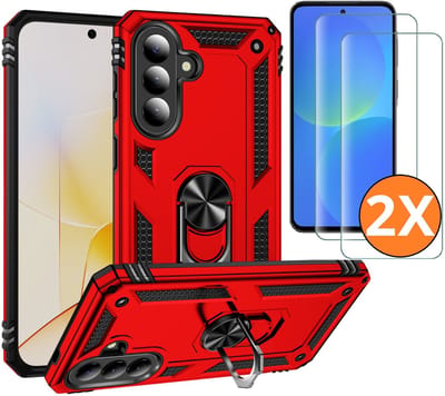 Hoesje Geschikt voor Samsung Galaxy A37 5G Hoesje Rood - Anti-Shock Hybrid Armor hoesje Met Draaibare Ring Houder - Samsung A37 Screenprotector 2 pack