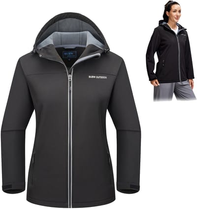 BUBW® Dames Outdoorjas - Softshell Jas met Capuchon - Winddicht & Warme Fleece Voering - Outdoor Ski-jack - Waterdicht - Zwart - Maat S