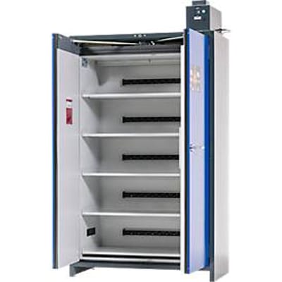Asecos acculaadkast ION-PRO-90 PC, 5 geperforeerde legplanken + stopcontacten, 1 lekbak, B 1193 x D 615 x H 2224 mm