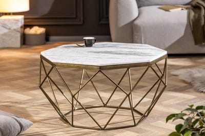 Elegante salontafel DIAMOND 70cm wit messing met marmeren blad - 40393