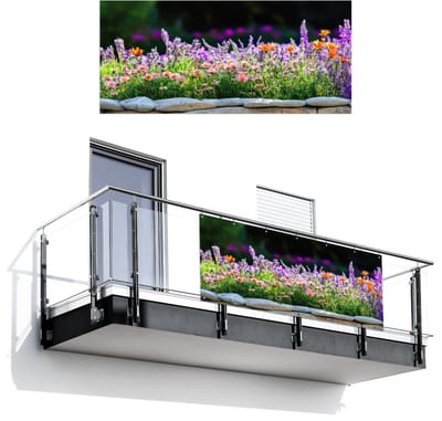 Balkonscherm 200x90 cm - Balkonposter Bloemen - Steenrand - Kleurrijk - Balkon scherm decoratie - Balkonschermen - Balkondoek zonnescherm