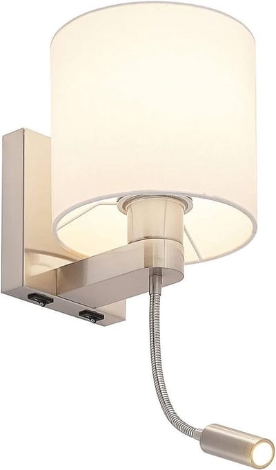 Moderne Wandlamp met Zwenkbare Leeslamp - Wit Textiel en Nikkel