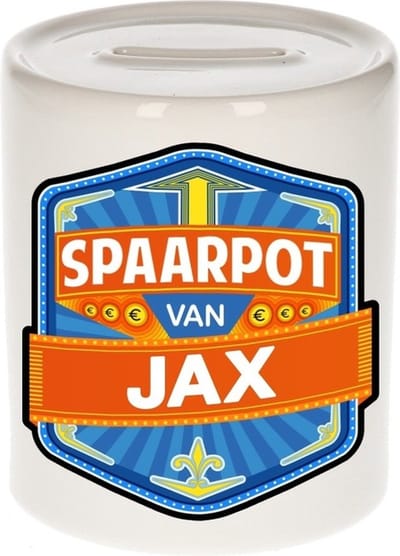 Bellatio Decorations Kinder spaarpot met naam - Jax - keramiek - met dop - wit - Sparen - Spaargeld van Jax