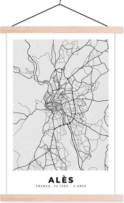 Posterhanger incl. Poster 40x60 cm - Schoolplaat - Kaart – Stadskaart – Alès - Plattegrond – Frankrijk - Textielposter - Blanke latten - Stadskaart