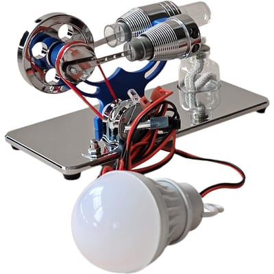 Hete Lucht Stirlingmotor Elektriciteitsgenerator Motormodel met LED-lamp Vliegwielontwerp Wetenschap blauw