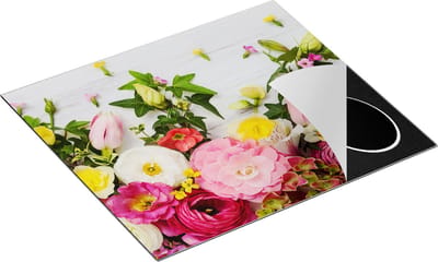 Chefcare Inductie Beschermer Bloemen op een Witte Houten Achtergrond - 60x50 cm - Afdekplaat Inductie - Kookplaat Beschermer - Inductie Mat