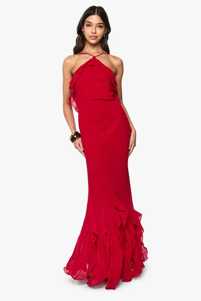 boohoo Dames Ruffle Halterneck Maxi Jurk | Rood | Maat: 44