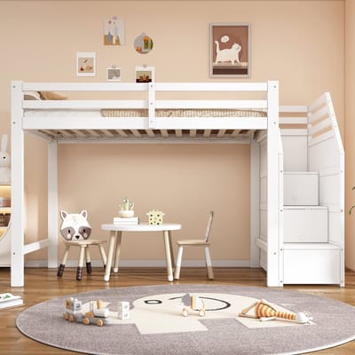 PHOEBE CAT Hoogslaper - 90 x 200 cm - Inclusief veiligheidshek - Opbergladder - Kinderbed - Wit