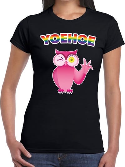 Yoehoe gay pride knipogende roze uil t-shirt zwart met regenboog tekst voor dames - Gay pride/LGBT kleding XS