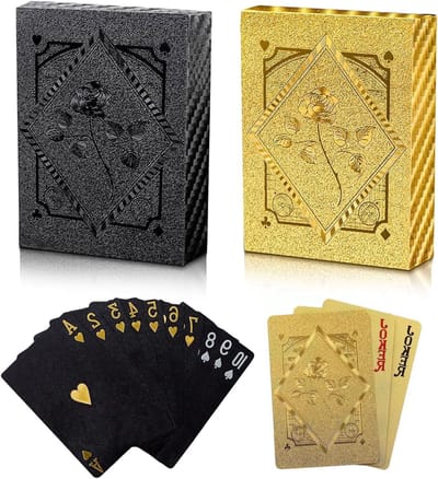 Dailygoods - 2 paar speelkaarten van kunststof met bloemenpatroon, goud en zwart, waterdicht en duurzaam, voor poker, brug, Blackjack Texas Hold'em, cadeau voor volwassenen