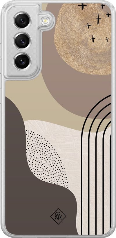 Casimoda® hoesje - Geschikt voor Samsung Galaxy S21 FE - Abstract Almond - 2-in-1 case - Schokbestendig - Geometrisch patroon - Verhoogde randen - Bruin/beige, Transparant
