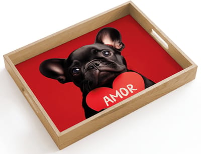 Dienblad hout 40x30 cm - Schootdienblad - Amor - Hond - Hartje - Rood - Borrelplank rechthoek - Plateau dienbladen