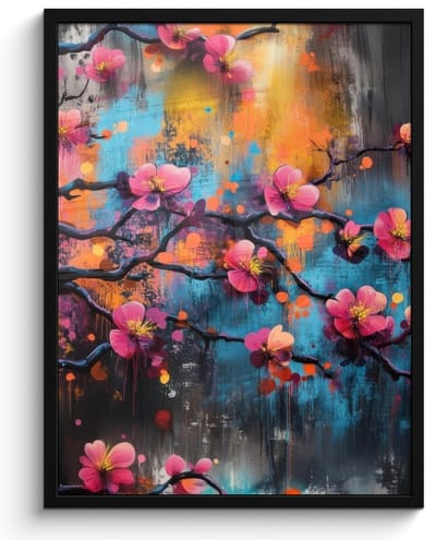 Poster in lijst - Fotolijst 50x70 cm - Posters - Bloemen - Tak - Abstract - Roze - Posterlijst zwart - Decoratie - Wanddecoratie woonkamer - Muurdecoratie slaapkamer