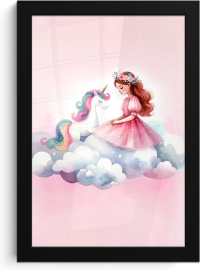 Poster in lijst - Fotolijst 20x30 cm - Posters - Eenhoorn - Prinses - Unicorn - Roze - Wolken - Posterlijst zwart - Kamer decoratie - Wanddecoratie kinderkamer - Muurdecoratie babykamer