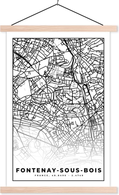 Posterhanger incl. Poster 40x60 cm - Schoolplaat - Frankrijk - Plattegrond - Fontenay-sous-Bois - Stadskaart - Kaart - Zwart wit - Textielposter - Blanke latten - Stadskaart