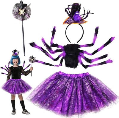 Kinderen Halloween Kostuum voor Meisjes - Tovenaar Outfit met Tutu, Hoofdband en Rugzak voor Carnavalsfeest 4-10 Jaar