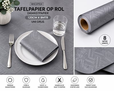 Wicotex - Tafelpapier op rol - Damastpapier - Afmeting 120cm x 8meter - Kleur uni grijs
