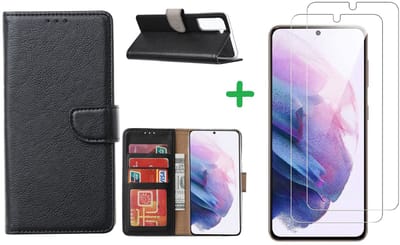 Hoesje Geschikt Voor Samsung Galaxy S21 hoesje bookcase zwart - Hoesje Geschikt Voor Samsung Galaxy s21 hoesje bookcase wallet case portemonnee book case hoes cover hoesjes met 2 stuks Screenprotector