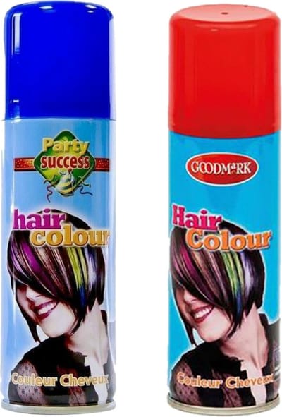 Goodmark Carnaval verkleed haarverf - haarspray - kleuren rood en blauw - 125 ml per flacon - verven