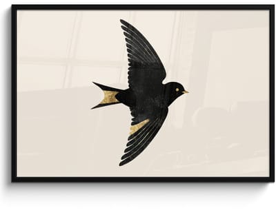 Poster in lijst - Fotolijst 120x80 cm - Posters - Zwarte zwaluw - Gouden accenten - Lichte achtergrond - Posterlijst zwart - Decoratie - Wanddecoratie woonkamer - Muurdecoratie slaapkamer