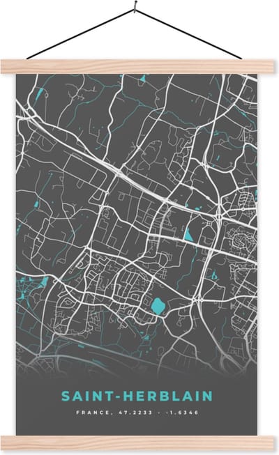 Posterhanger incl. Poster 40x60 cm - Schoolplaat - Frankrijk - Stadskaart - Plattegrond - Saint-Herblain - Kaart - Textielposter - Blanke latten - Stadskaart