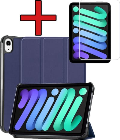 Hoesje - Geschikt voor Apple iPad Mini 7 (2024) - 8.3 inch - 7e Generatie - Met Screenprotector - Hardcover Book Case - Trifold Bookcase Hoes - Hard Cover - Tablethoes - Donkerblauw