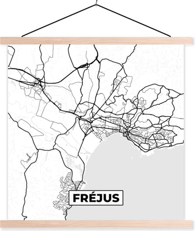 Posterhanger incl. Poster 40x40 cm - Schoolplaat - Stadskaart - Fréjus- Frankrijk - Kaart - Plattegrond - Zwart wit - Textielposter - Blanke latten - Stadskaart