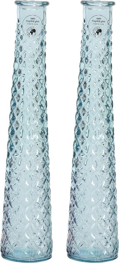 Decoris bloemenvazen van gerecycled glas - set 2x - D7 x H32 cm - blauw