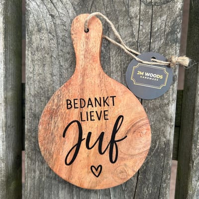 JM WOODS - Mini Borrelplank / Onderzetter 'Bedankt Lieve Juf' - 10 x 15 cm - Laatste Schooldag - Juffendag - Jufcadeau - Kado