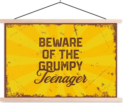 Posterhanger incl. Poster 90x60 cm - Schoolplaat - Kids - Quotes - Vintage - Beware of the grumpy teenager - Textielposter - Blanke latten