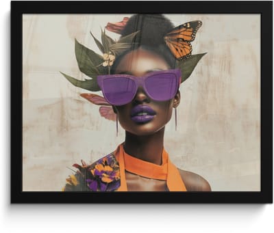 Poster in lijst - Fotolijst 40x30 cm - Posters - Vrouw - Zonnebril - Vlinder - Bloemen - Posterlijst zwart - Decoratie - Wanddecoratie woonkamer - Muurdecoratie slaapkamer